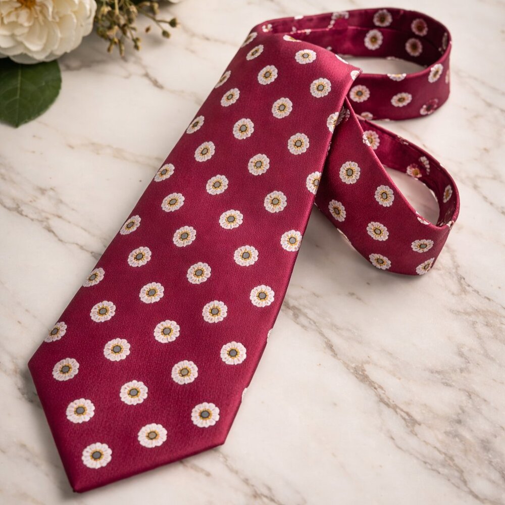 Brooks Brothers Silk Tie Burgundy White Floral Pattern‎ Mens Necktie 57" USA